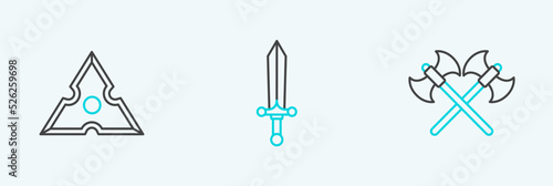 Set line Crossed medieval axes, Japanese ninja shuriken and Medieval sword icon. Vector