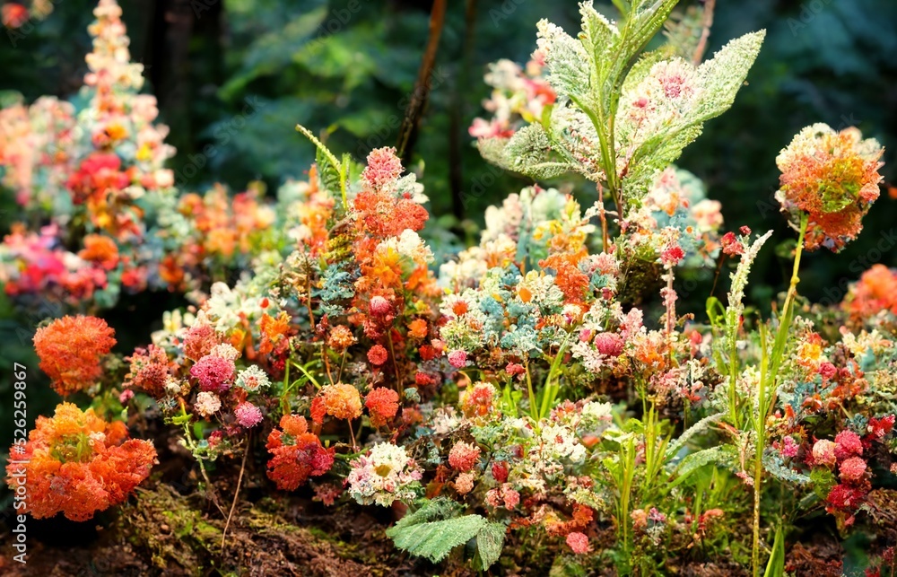 CG illustration of fairy-tale flowers in full bloom. CG illustration of fairy-tale flowers in full bloom.