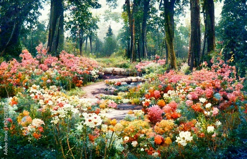 One road in a flower garden blooming in the forest.