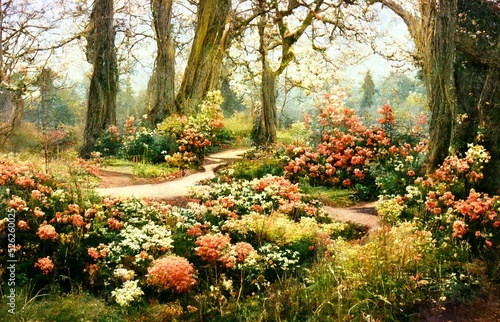 Illustration of a pathway in an English garden in the countryside.