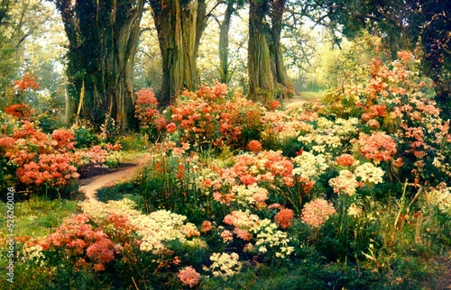 Illustration of blooming flowers surrounding a path leading to the forest.
