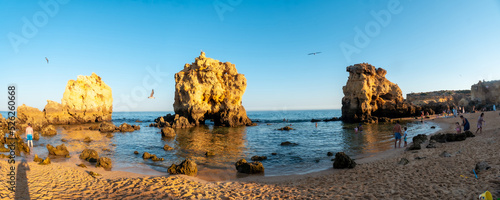Panoramic view of the beach in summer, holidays at Praia dos Arrifes, Algarve, Albufeira. Portugal