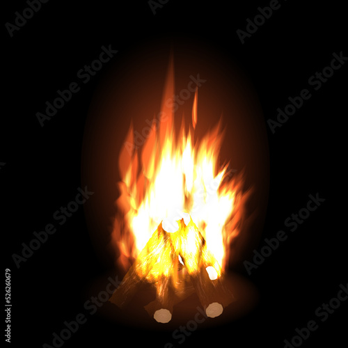 realistic burning bonfire with wood on black background, vector illustration

