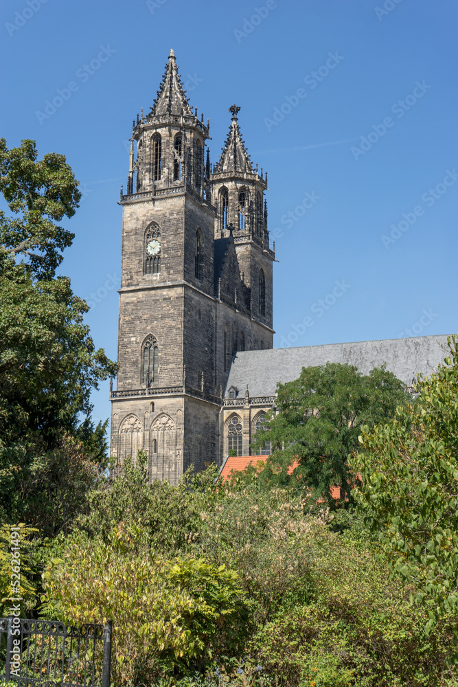 Gothic towers of the cathedral in Magdeburg, Saxony-Anhalt, Germany