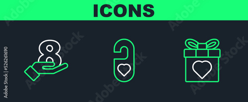Set line Gift box and heart, 8 March on hand and Please do not disturb with icon. Vector