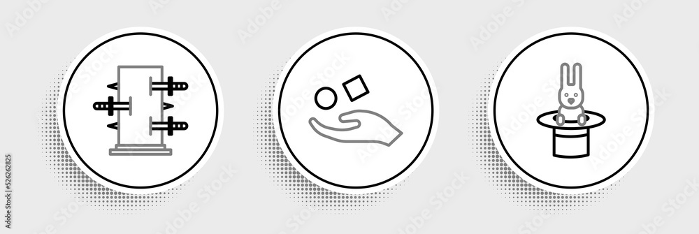 Set line Magician hat and rabbit, Trunk for magic tricks and Cube levitating above hand icon. Vector Set line Magician hat and rabbit, Trunk for magic tricks and Cube levitating above hand icon. Vector