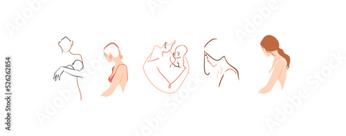 Hand drawn vector abstract stock graphic contemporary line art,aesthetic fashion illustrations collection set with beautiful modern pregnant woman with a newborn in simple trendy style,for branding.