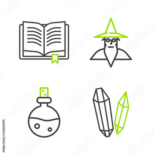 Set line Magic stone, Bottle with love potion, Wizard warlock and Ancient magic book icon. Vector
