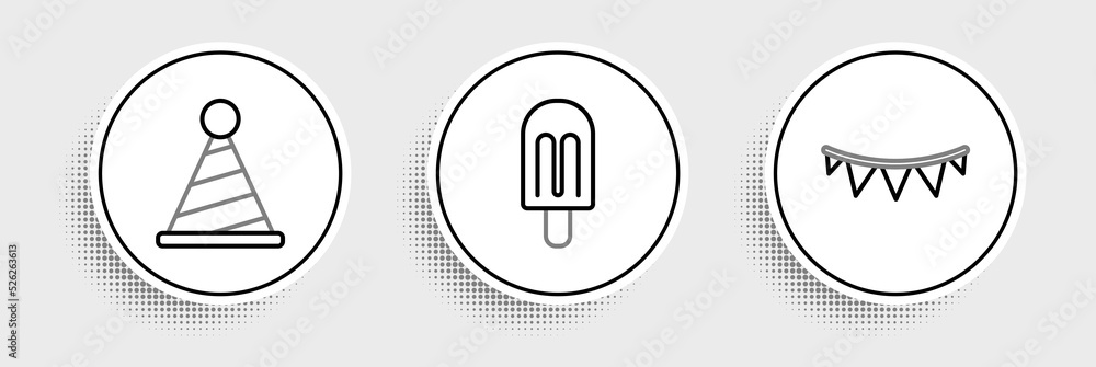 Set line Carnival garland with flags, Party hat and Ice cream icon. Vector Set line Carnival garland with flags, Party hat and Ice cream icon. Vector