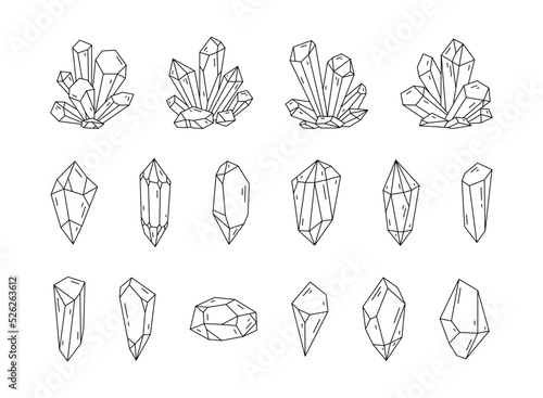 Line art crystals or gemstones collection, gem set. Jewelry stone or diamond icons