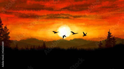 Dramatic red sunset painting with flying birds.