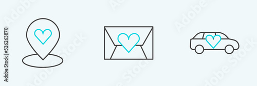 Set line Limousine car, Location with heart and Envelope Valentine icon. Vector