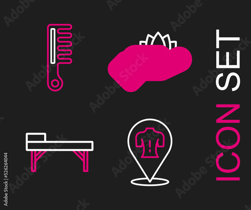 Set line Massage, table, Lotus flower and Hairbrush icon. Vector