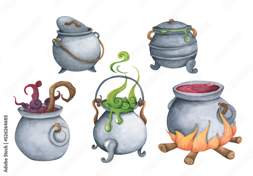 Set of Witch Cauldron, Steel black cauldron with boiling magic potion