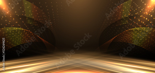 Elegant golden stage diagonal glowing with lighting effect sparkle on black background. Template premium award design.