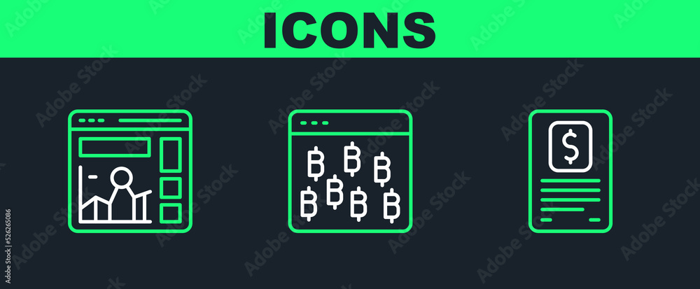Set line Business finance report, Website with growth graph and Bitcoin browser icon. Vector Set line Business finance report, Website with growth graph and Bitcoin browser icon. Vector