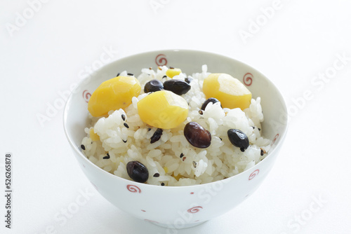 Japanese autumn food, chestnut and black bean in sticky rice © jreika