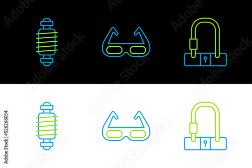 Set line Bicycle lock, suspension and Sport cycling sunglasses icon. Vector