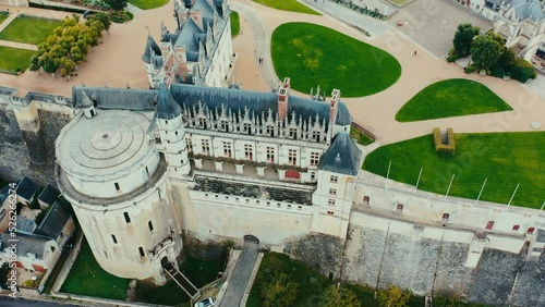 Aerial shot of Amboise castle over Loire river valley in France at summer
