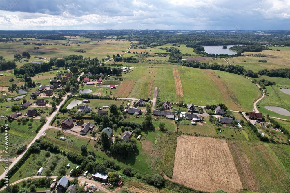 Aerial view of nature panorama in the countryside of Lithuania, Packenai