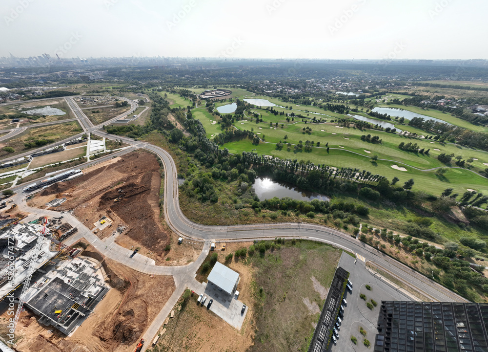 panoramic drone view of the infrastructure of the scientific and residential cluster in the Skolkovo district on a sunny day