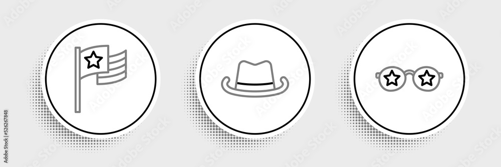 Set line Glasses with stars, American flag and Western cowboy hat icon. Vector