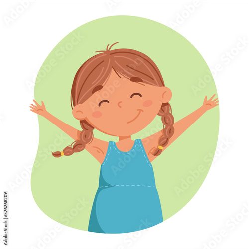 Happy girl with two pigtails cartoon vector illustration. Ideal for kids posters and cards