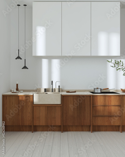 Japandi wooden kitchen in white and beige tones. Wooden cabinets and marble top. Front view  minimalist interior design