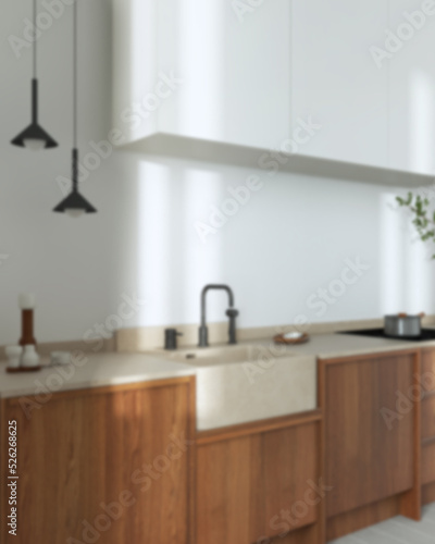 Blurred background, japandi trendy wooden kitchen. Wooden cabinets, contemporary wallpaper and marble top. Wabi sabi, minimalist interior design