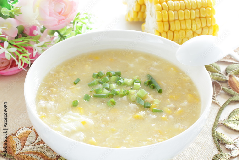Chinese food, minced meat in Corn Soup with green onion Chinese food, minced meat in Corn Soup with green onion