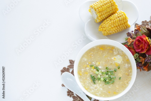 Chinese food, minced meat in Corn Soup with green onion