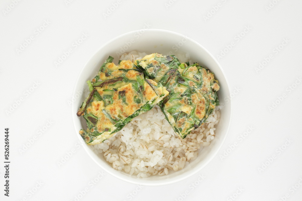 Chinese food, tofu and leek pancake on rolled oats rice for healthy food image Chinese food, tofu and leek pancake on rolled oats rice for healthy food image