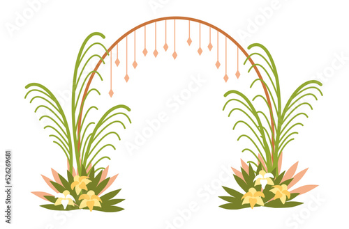 Wedding arch with flowers. Tropical Hawaii style. A ceremony for the bride and groom. Beautiful wedding