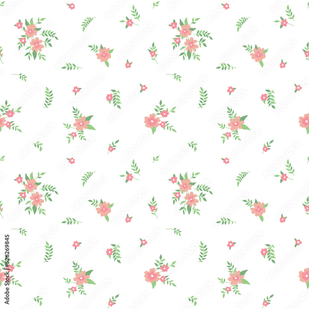 Seamless floral pattern, cute ditsy print with small sparse flowers on a white background. Girly surface design with abstract botanical arrangement of small pink flowers, bunches, leaves. Vector. Seamless floral pattern, cute ditsy print with small sparse flowers on a white background. Girly surface design with abstract botanical arrangement of small pink flowers, bunches, leaves. Vector.