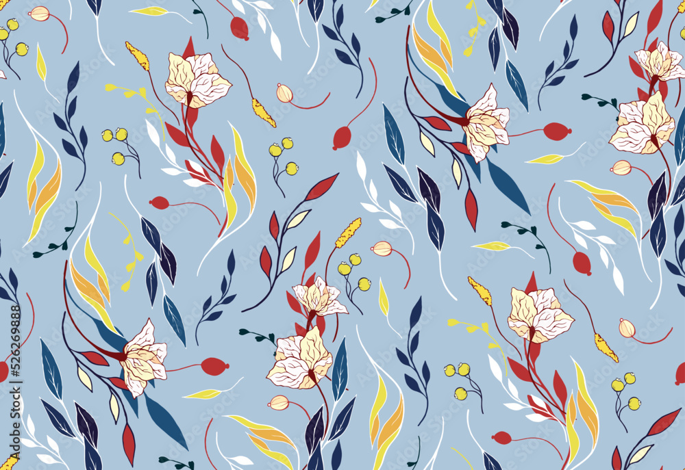 Seamless pattern, elegant floral print with autumn botany in vintage style. Botanical surface design with drawing plants, small flowers on thin branches, leaves, herbs on yellow background. Vector.