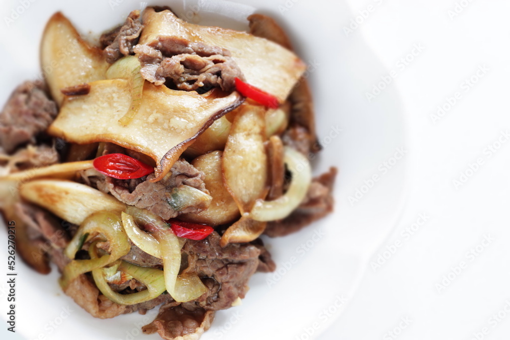 Chinese food, Japanese oyster mushroom slices stir fried with beef with chili pepper Chinese food, Japanese oyster mushroom slices stir fried with beef with chili pepper