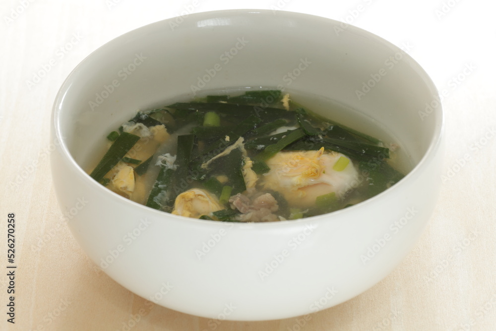 Korean food, leek and egg with seaweed soup for comfort food Korean food, leek and egg with seaweed soup for comfort food
