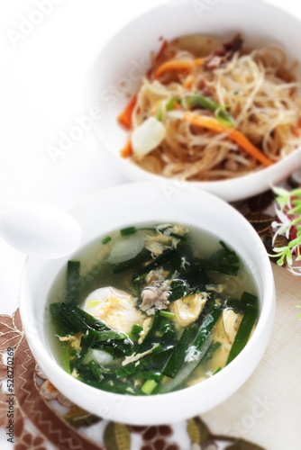 Korean food, leek and egg with seaweed soup for comfort food