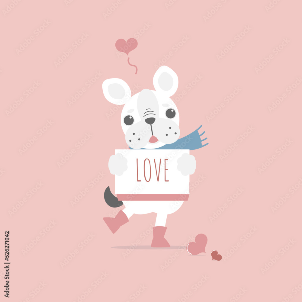 cute and lovely hand drawn cute french bulldog pug holding paper, happy valentine's day, love concept, flat vector illustration cartoon character costume design cute and lovely hand drawn cute french bulldog pug holding paper, happy valentine's day, love concept, flat vector illustration cartoon character costume design