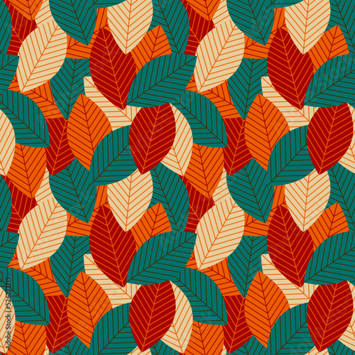 Mid century modern geometric leaves retro 70s seamless pattern. Autumn floral organic background. For textile or book covers  wallpapers  graphic art  printing  invitation  wrapping paper