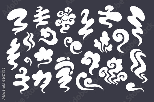 Smoke different shapes set. White cloud fog cigarette fire in cartoon style for game. Isolated flat