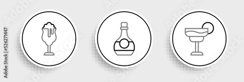 Set line Cocktail, Glass of beer and Bottle cognac or brandy icon. Vector