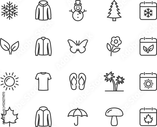 Vector set of seasons line icons. Contains icons winter, spring, summer, autumn. Pixel perfect.
