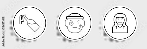 Set line Thief mask, Cocktail molotov and Bandit icon. Vector