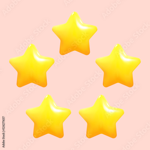 Five yellow stars glossy colors. Achievements for games. Customer rating feedback concept from client about employee of website. 3d design. Vector illustration