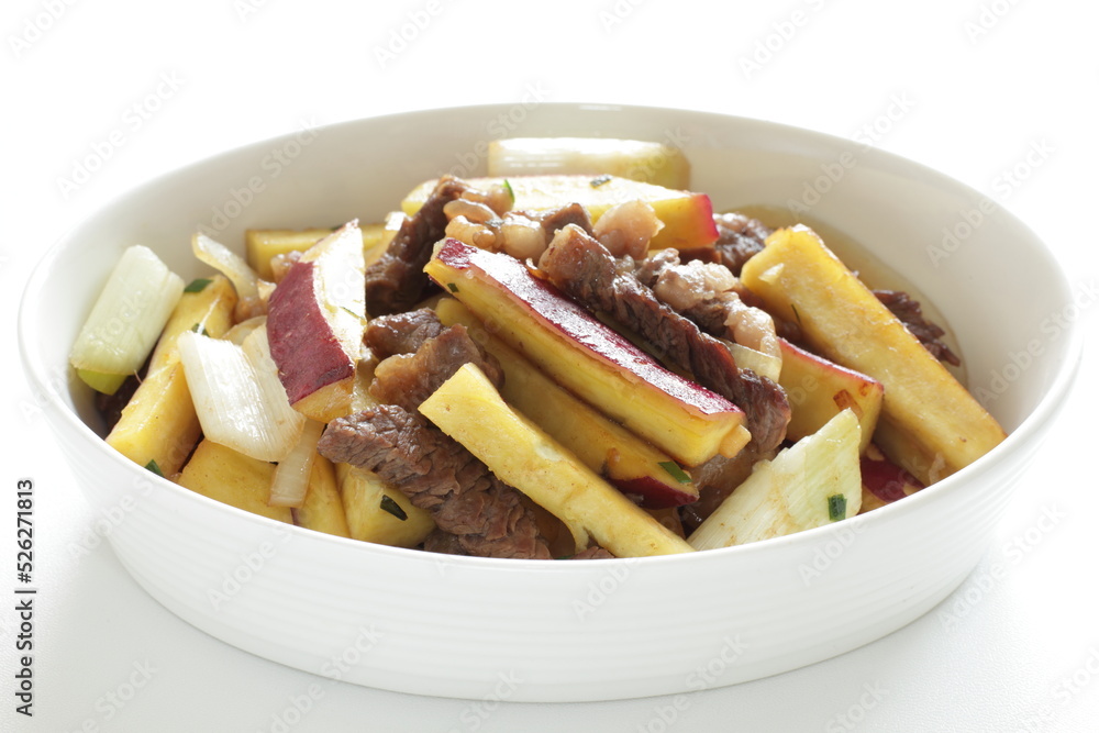 Asian food, sweet potato and beef stir fried for winter comfort food
