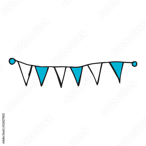 Oktoberfest 2022 - Beer Festival. Hand-drawn Doodle festive garland of white and blue flags on a white background. German Traditional holiday.