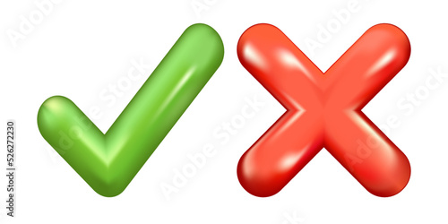 3D Right and Wrong Button Shape. Green Yes and Red No Correct Incorrect Sign. Checkmark Tick Rejection, Cancel, Stop, Agreement Approval or Trust Symbol. Vector Illustration