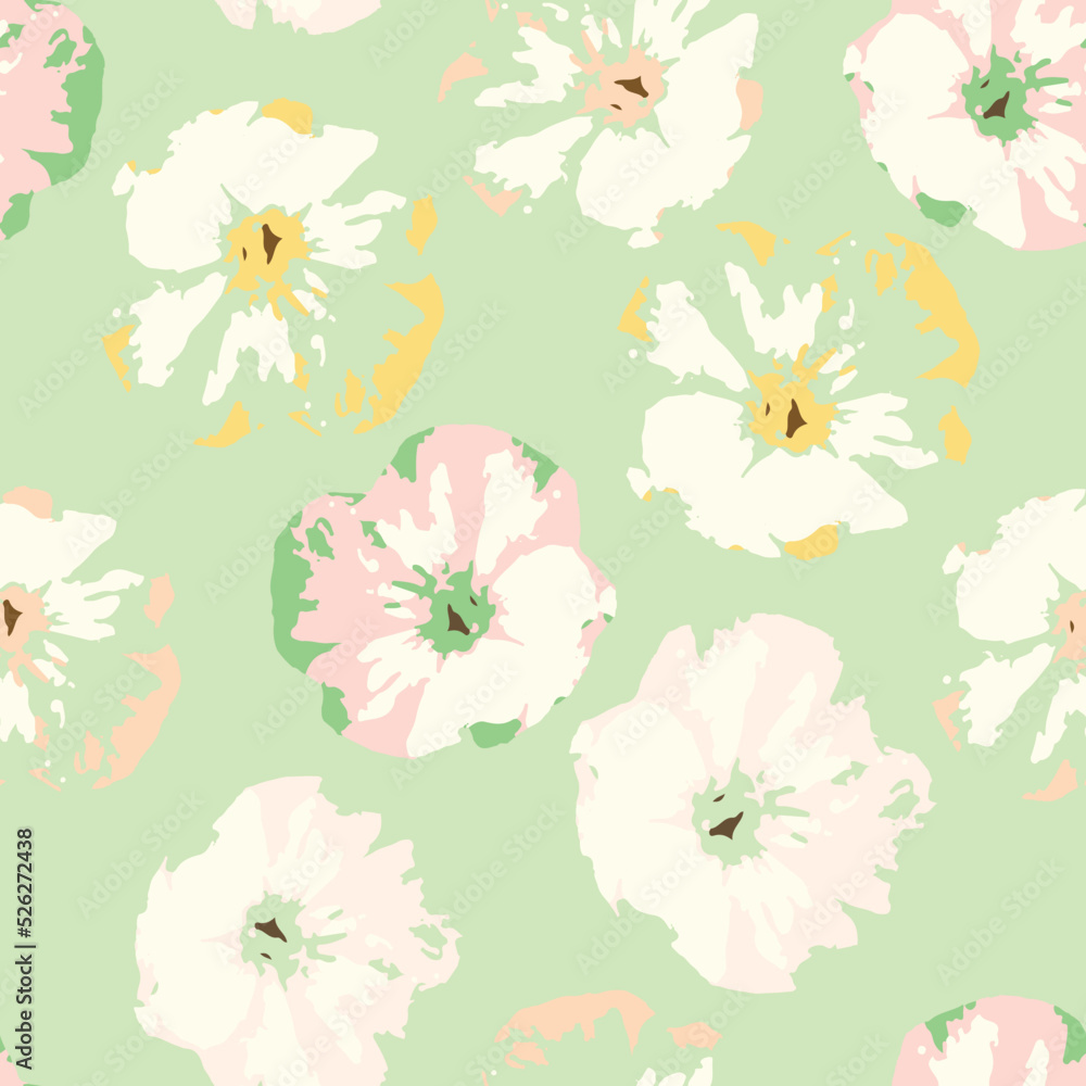 seamless plants pattern on green background with mixed pastel flowers , greeting card or fabric