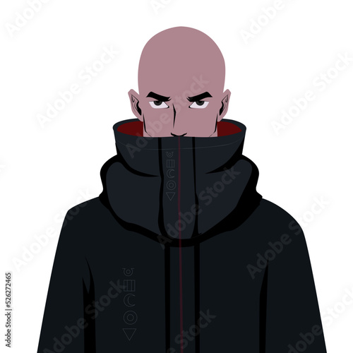 Intense expression of tough Caucasian man wearing gray hoodie sweater, streetstyle model, hooligan cyberpunk style. Vector illustration